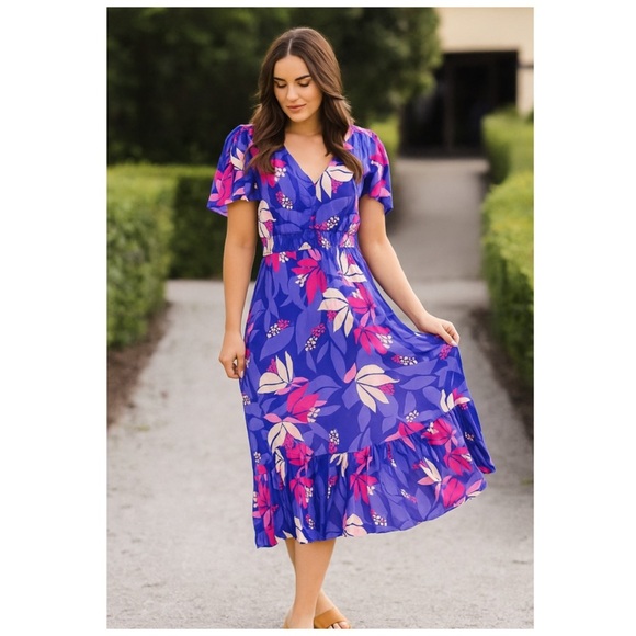 NWT ABEL THE LABEL Anthro Purple Floral Santa Cruz Short Sleeve Midi Dress XS - Picture 2 of 10